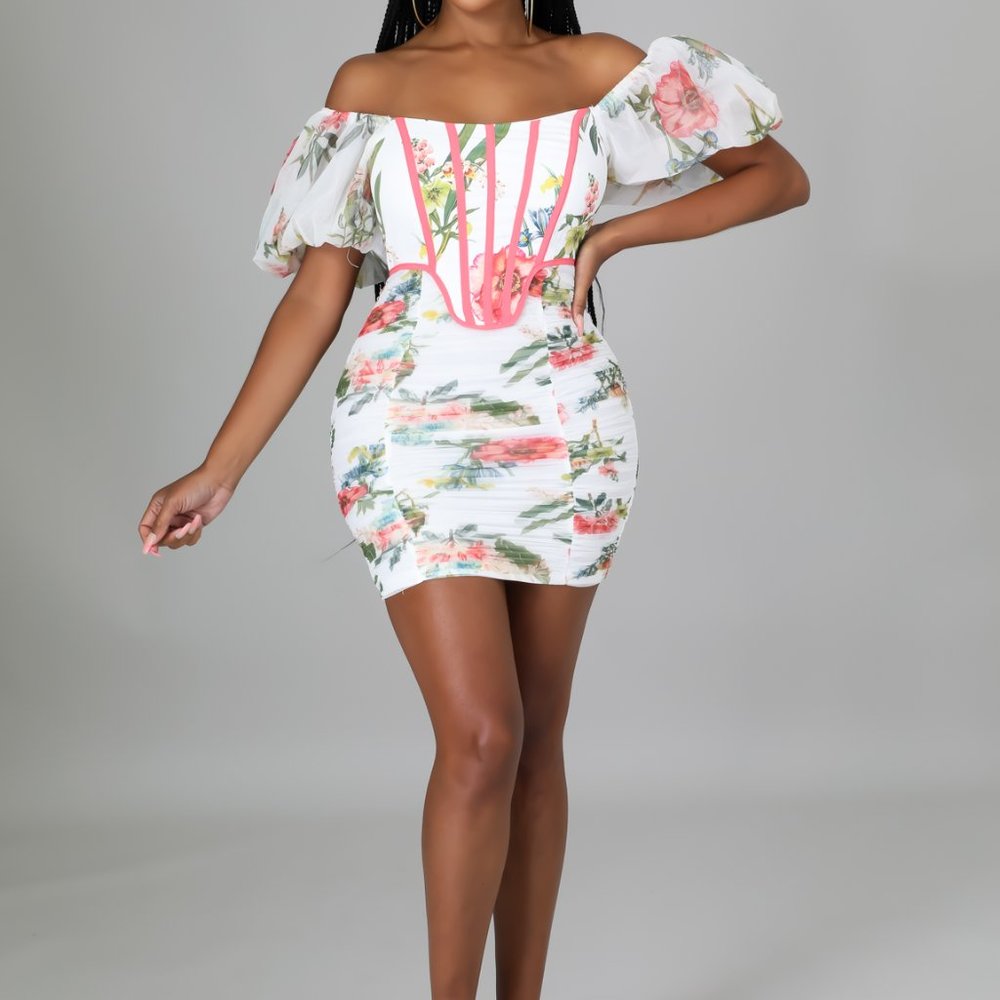 White and Coral Floral Dress